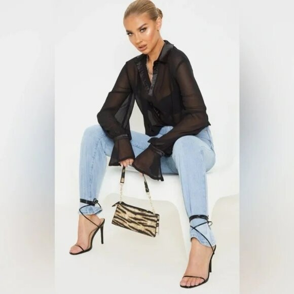 Black Chiffon Sheer Ruffle Sleeve Blouse 10 PLT Button Up Satin Trim Dressy EUC - Picture 2 of 10